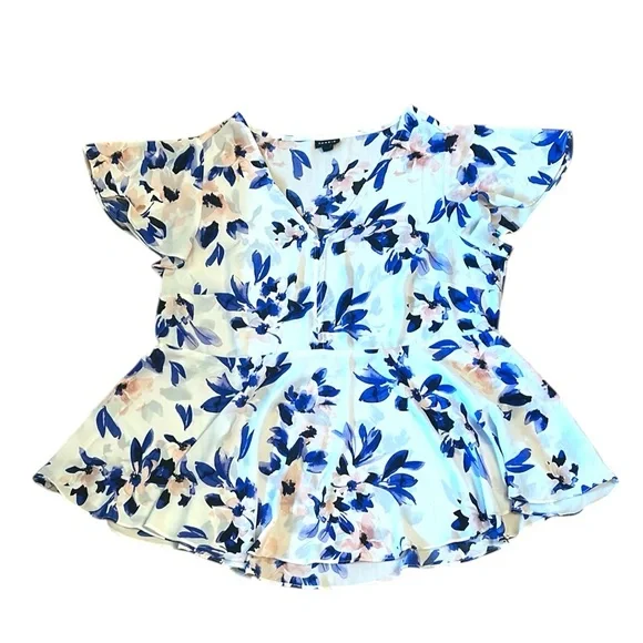 Torrid Georgette Peplum Blouse V Neck Flutter Sleeves Ivory & Blue Women Size 1X - Picture 1 of 12
